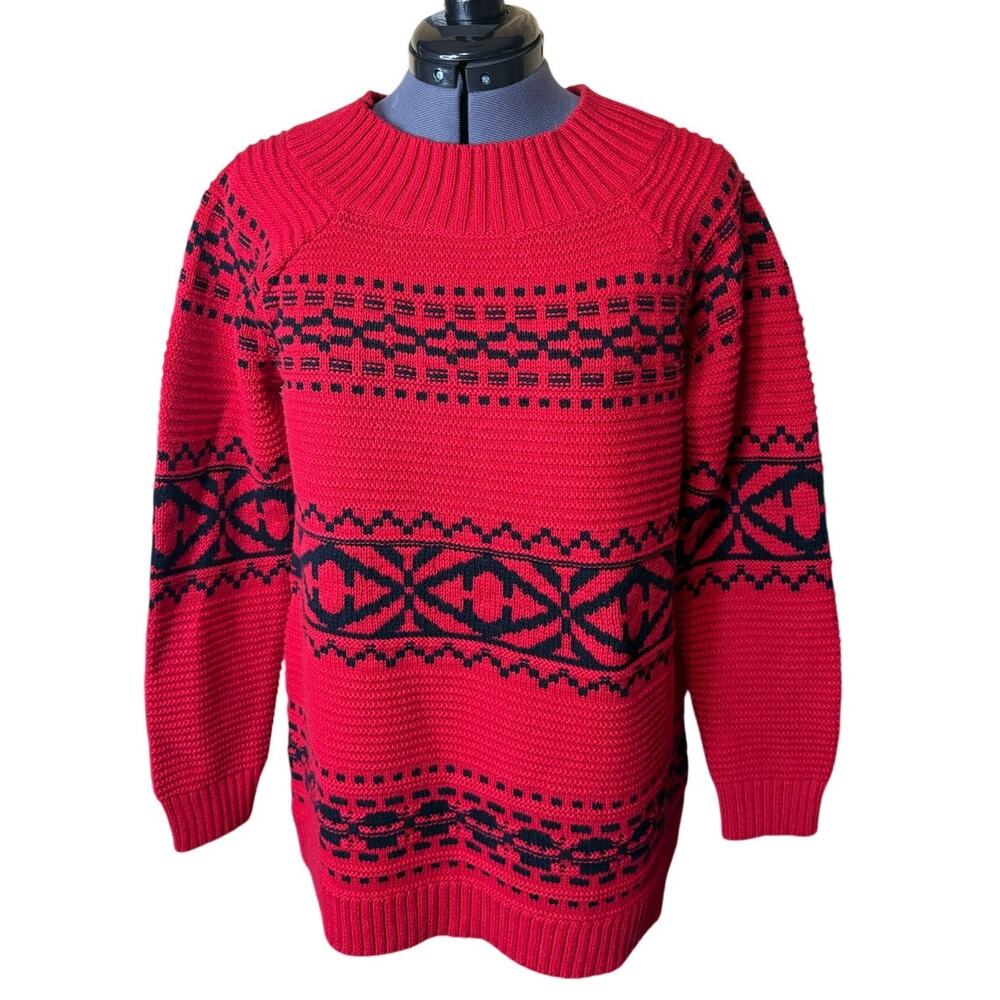 Chaps Red Nordic Pattern Sweater Size Large | Cotton Blend Fair Isle Style Knit